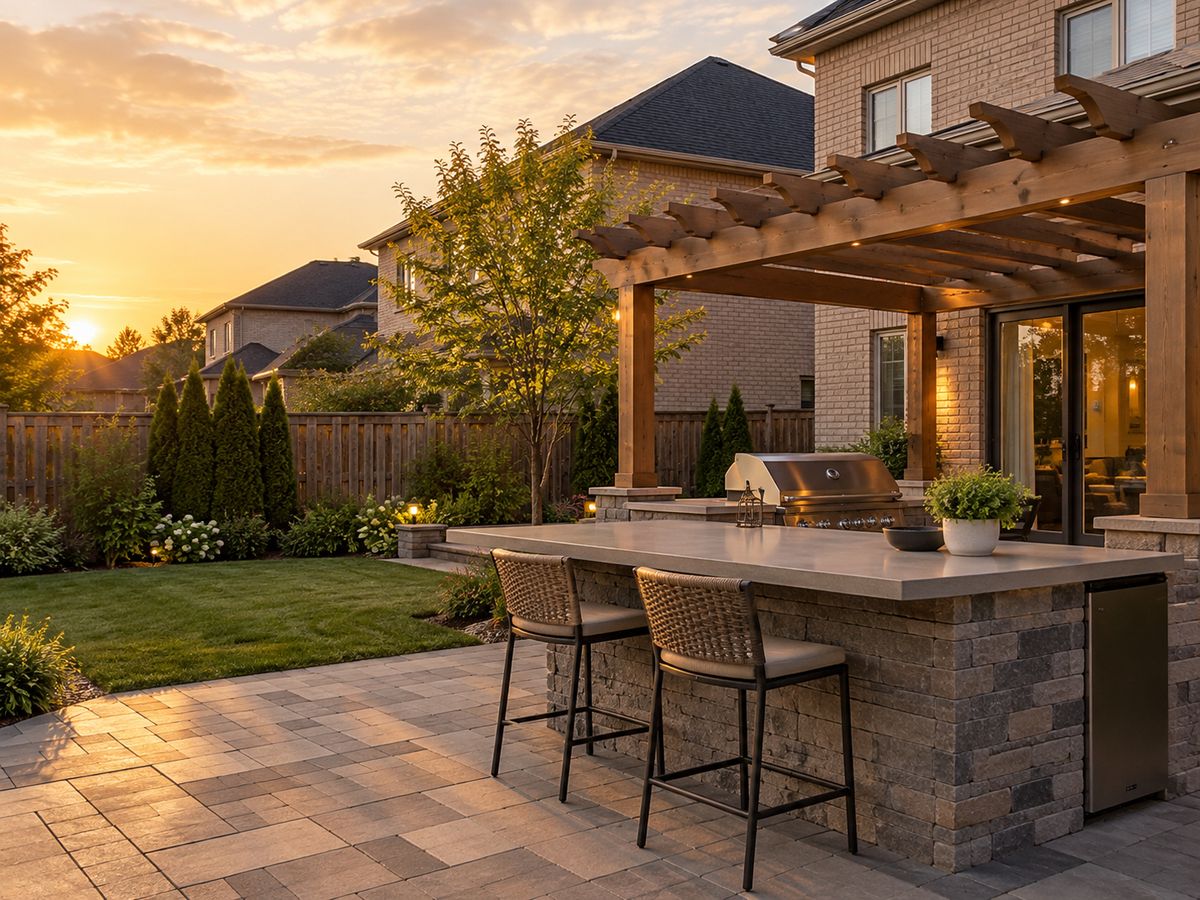 A stone outdoor kitchen island with a built-in grill under a pergola