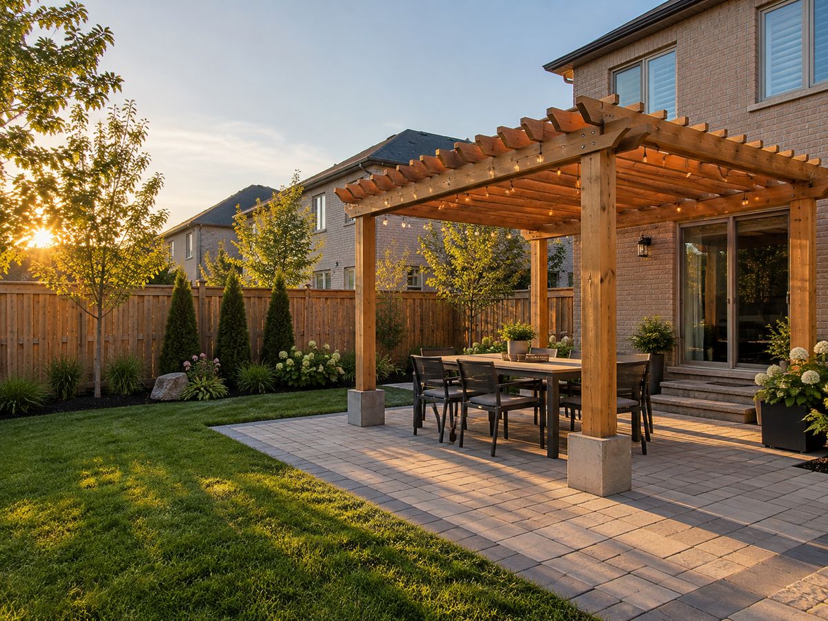 A cedar pergola over an interlock patio with an outdoor dining table
