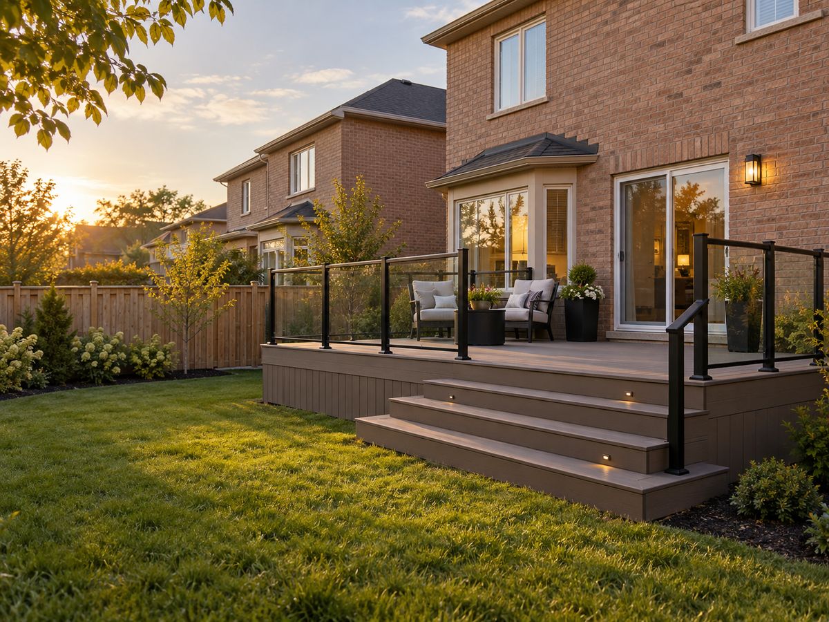 A raised composite deck with black railings, glass panels and wide stairs down to the lawn