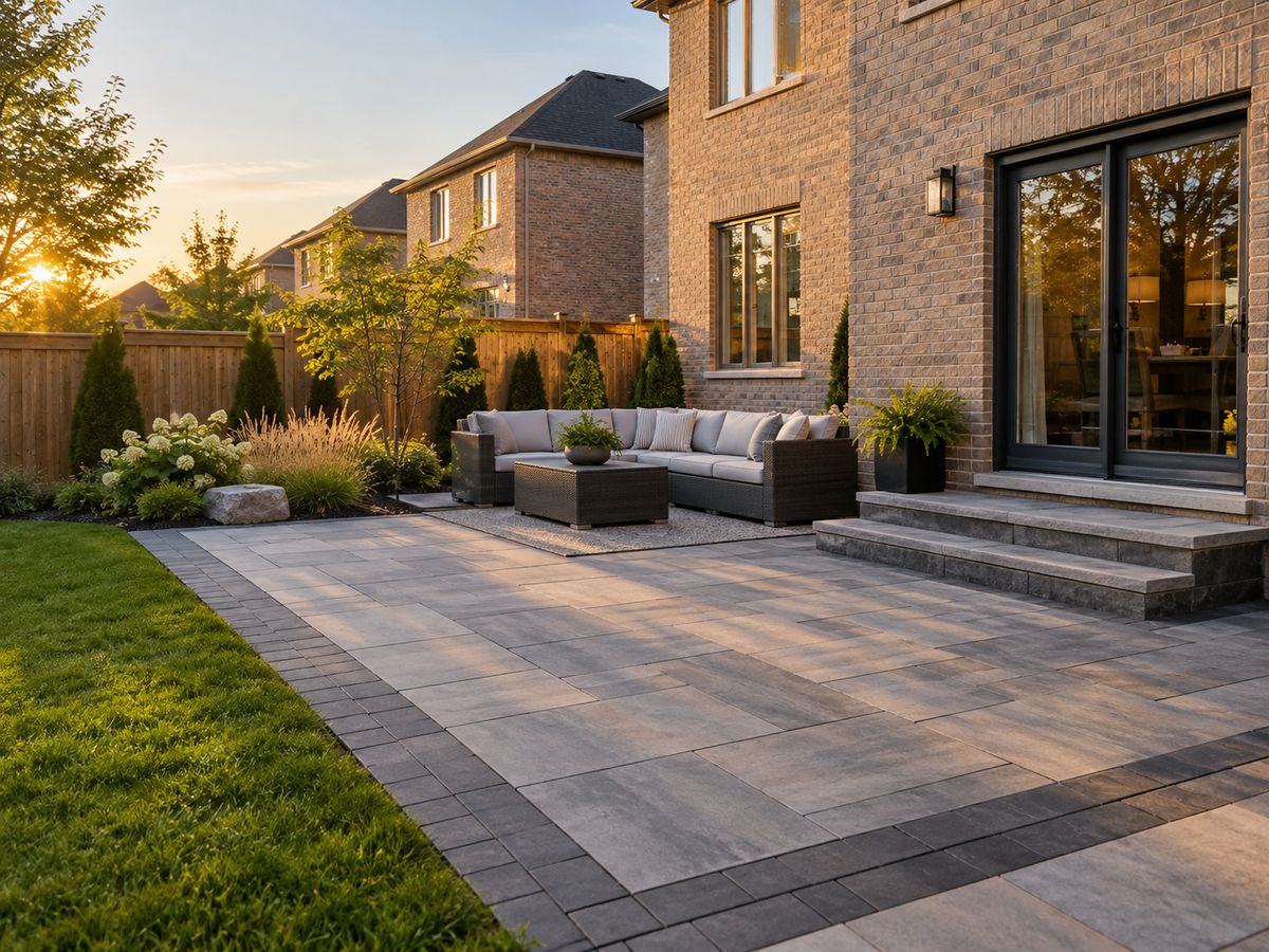 A large-format interlock patio with a contrasting border and wide stone steps to the back door
