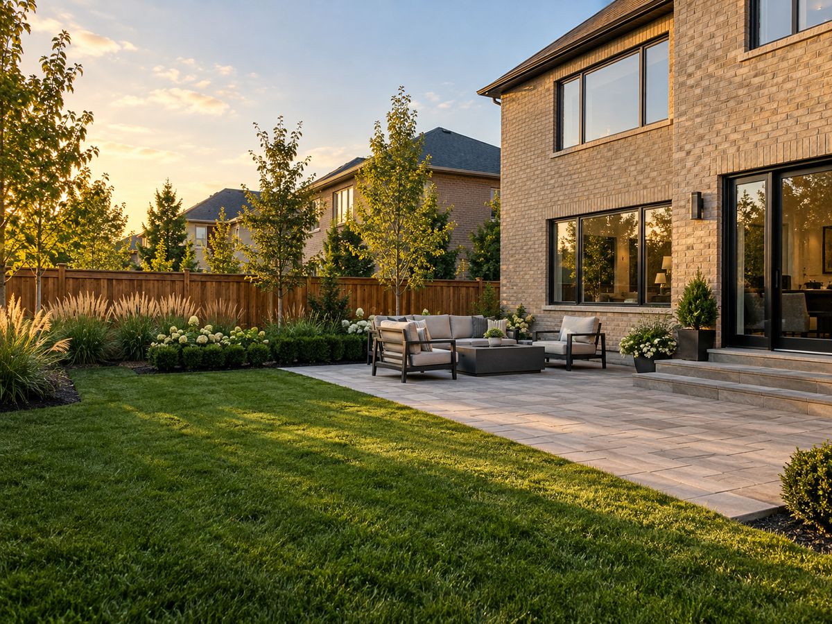 A finished suburban backyard with an interlock patio seating area, fresh sod and planted garden beds