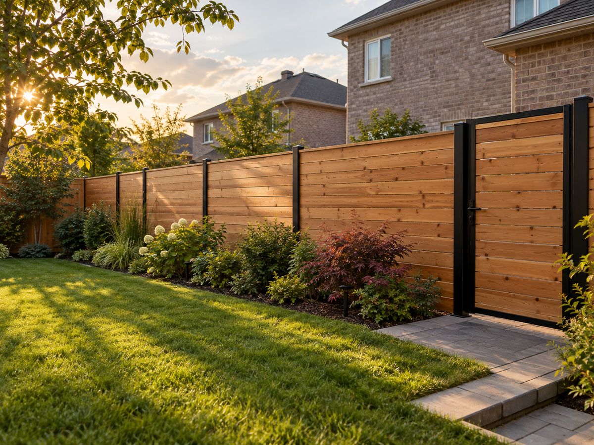 A horizontal cedar privacy fence with black posts and a matching gate