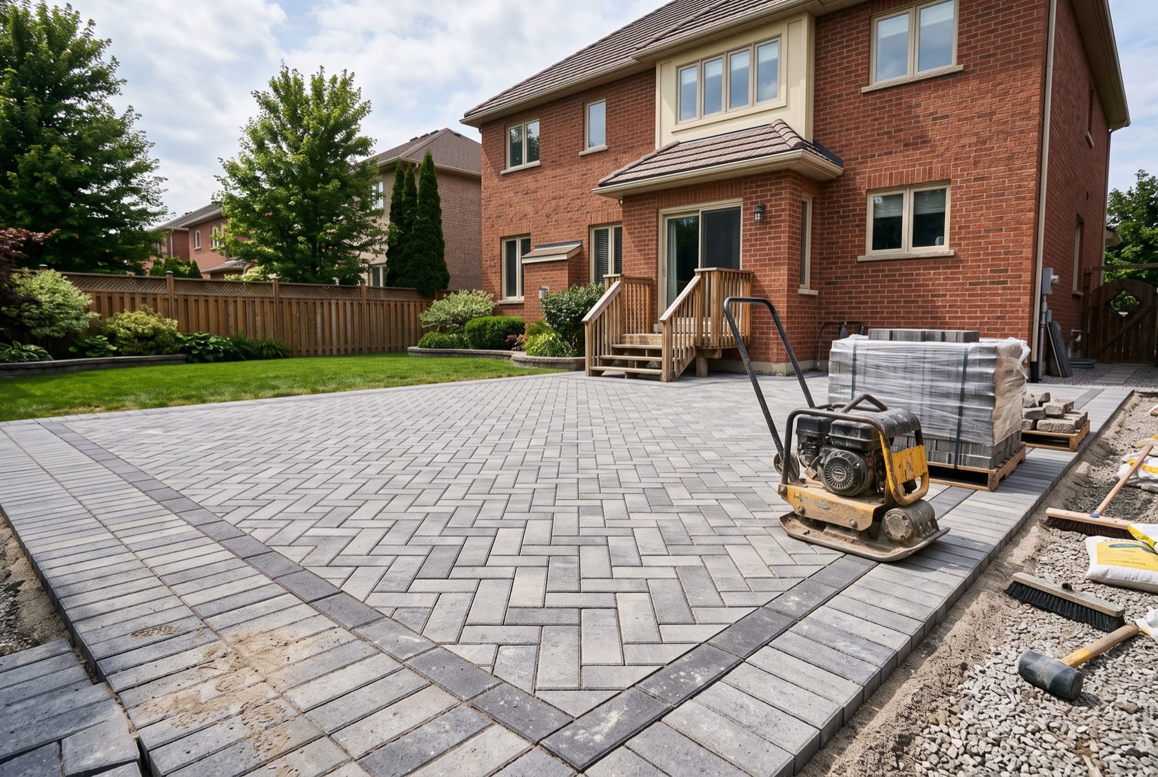 A freshly laid interlock patio in a suburban backyard