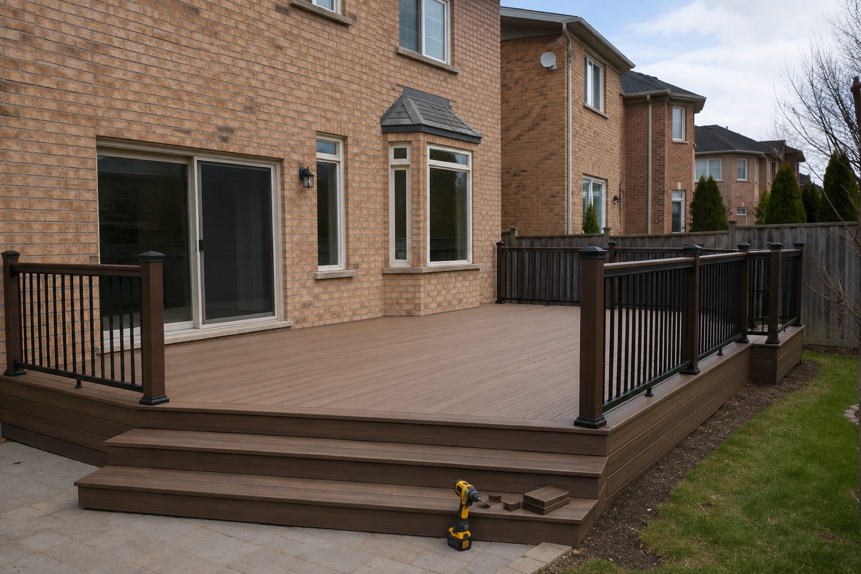 A newly built composite deck on a suburban home