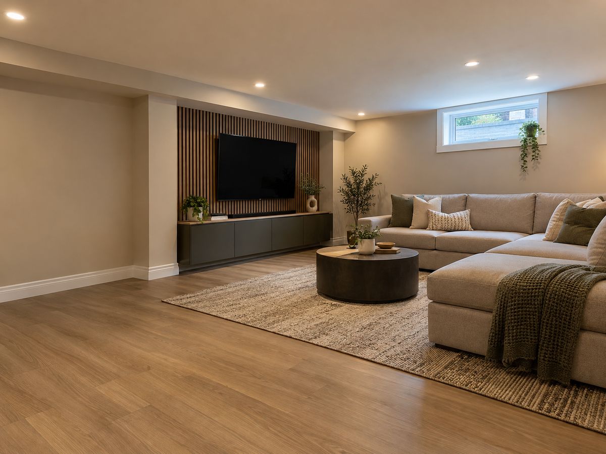 A finished basement family room with pot lights, plank flooring and a media wall