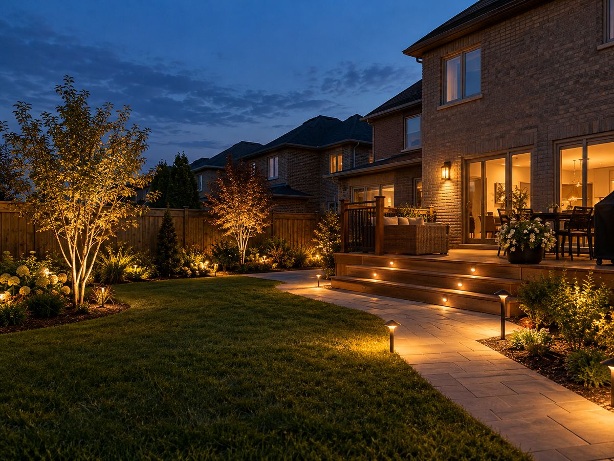 A backyard at blue hour lit by low-voltage path, step and tree lighting
