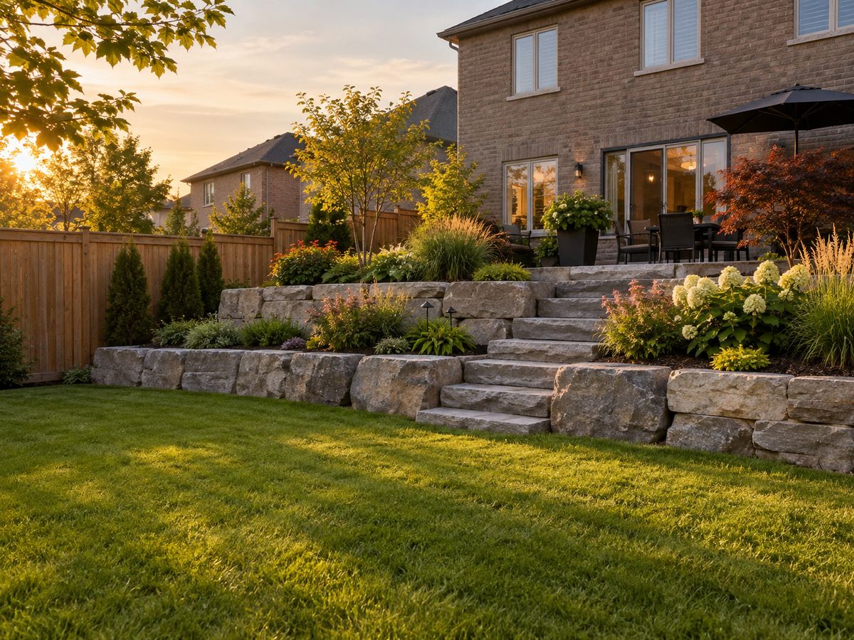 A two-tier natural stone retaining wall with planted beds and stone steps