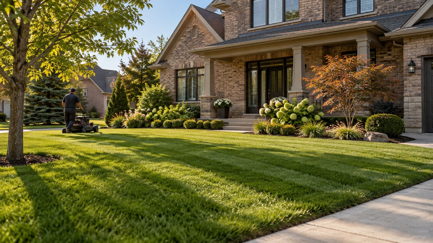 A striped, freshly mowed front lawn in front of a brick house