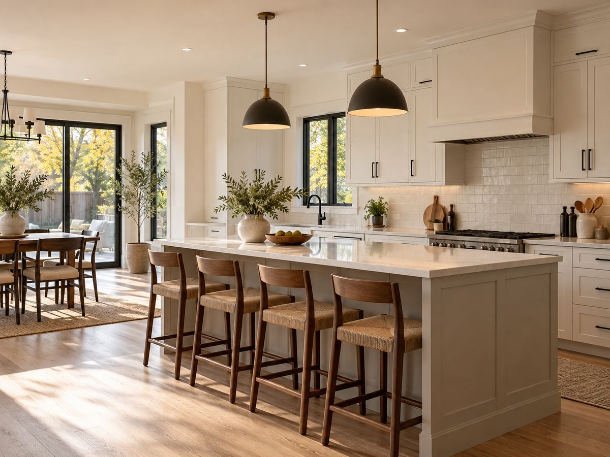 A renovated kitchen with white shaker cabinets, quartz counters and an island