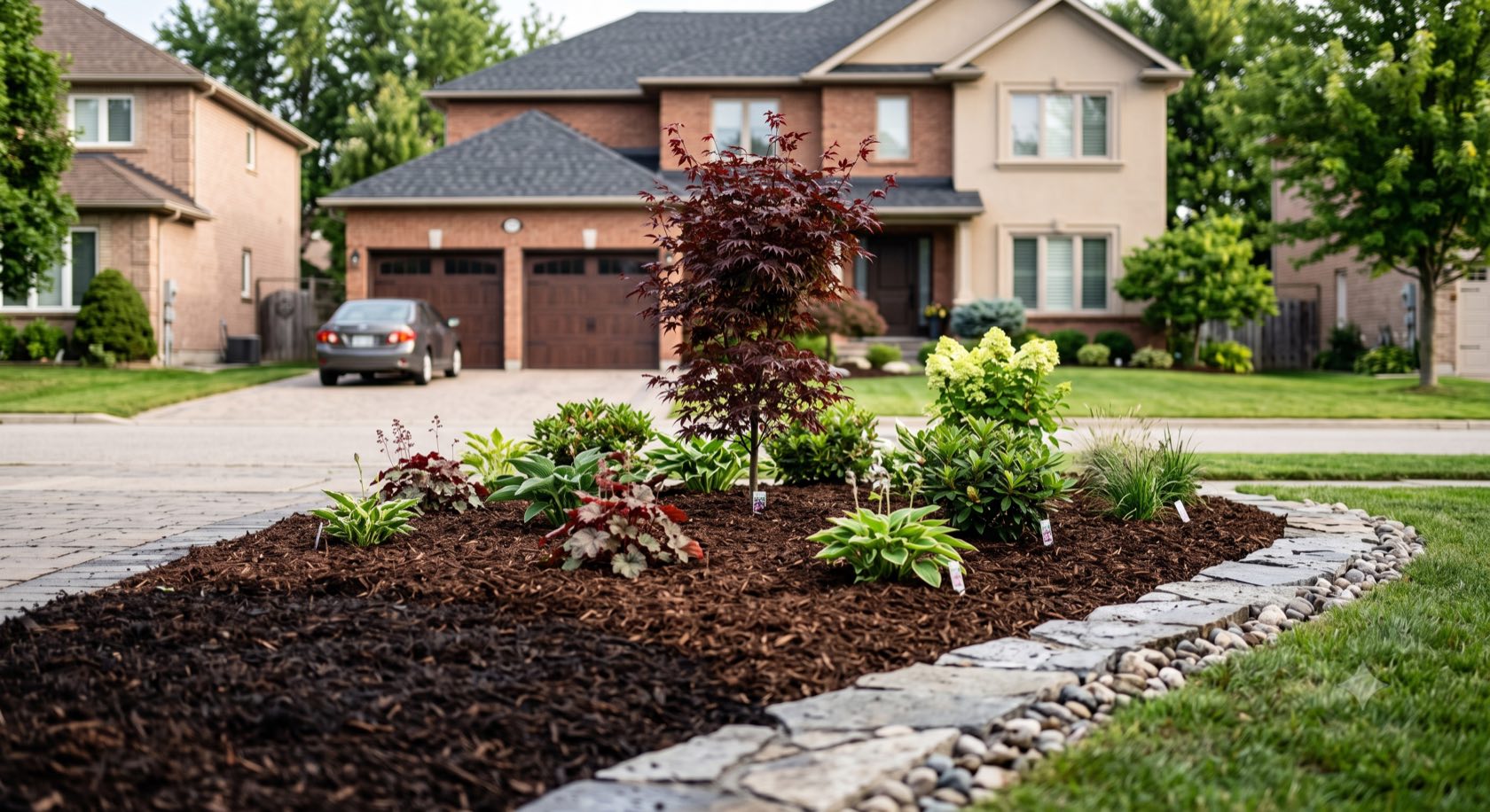 A newly planted front garden bed with a Japanese maple, plant tags still on