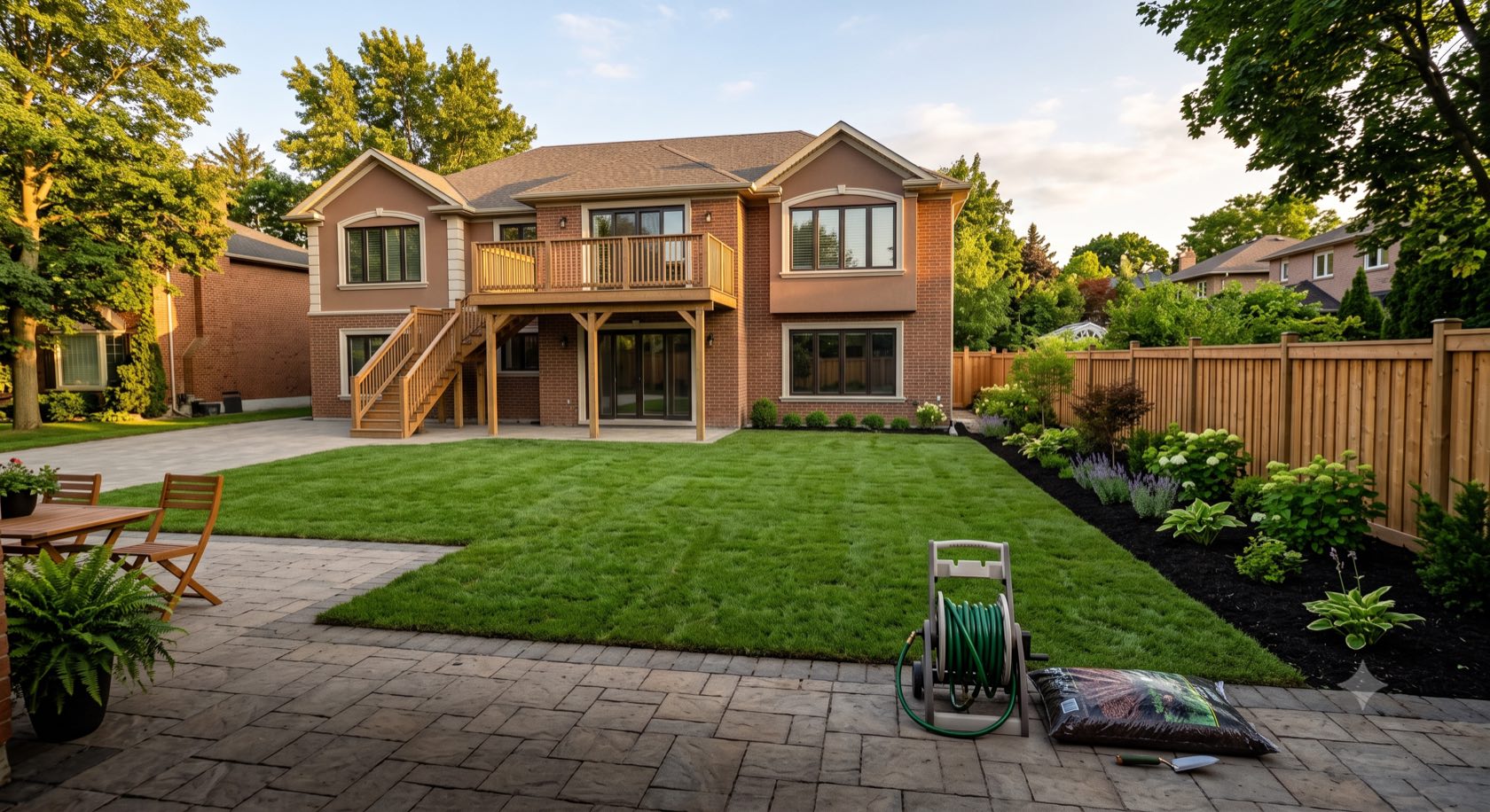 A freshly sodded backyard with new garden borders and a hose reel at the edge