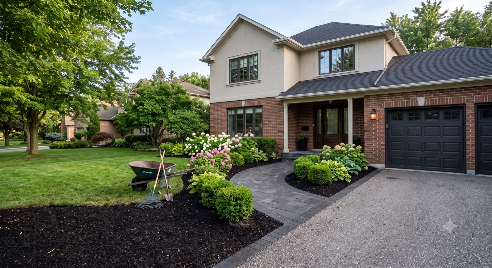 A tidy brick home with fresh mulched beds, crisp lawn and a wheelbarrow at work