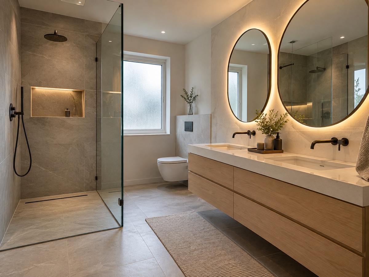 Renovated bathroom with walk-in glass shower and floating oak double vanity