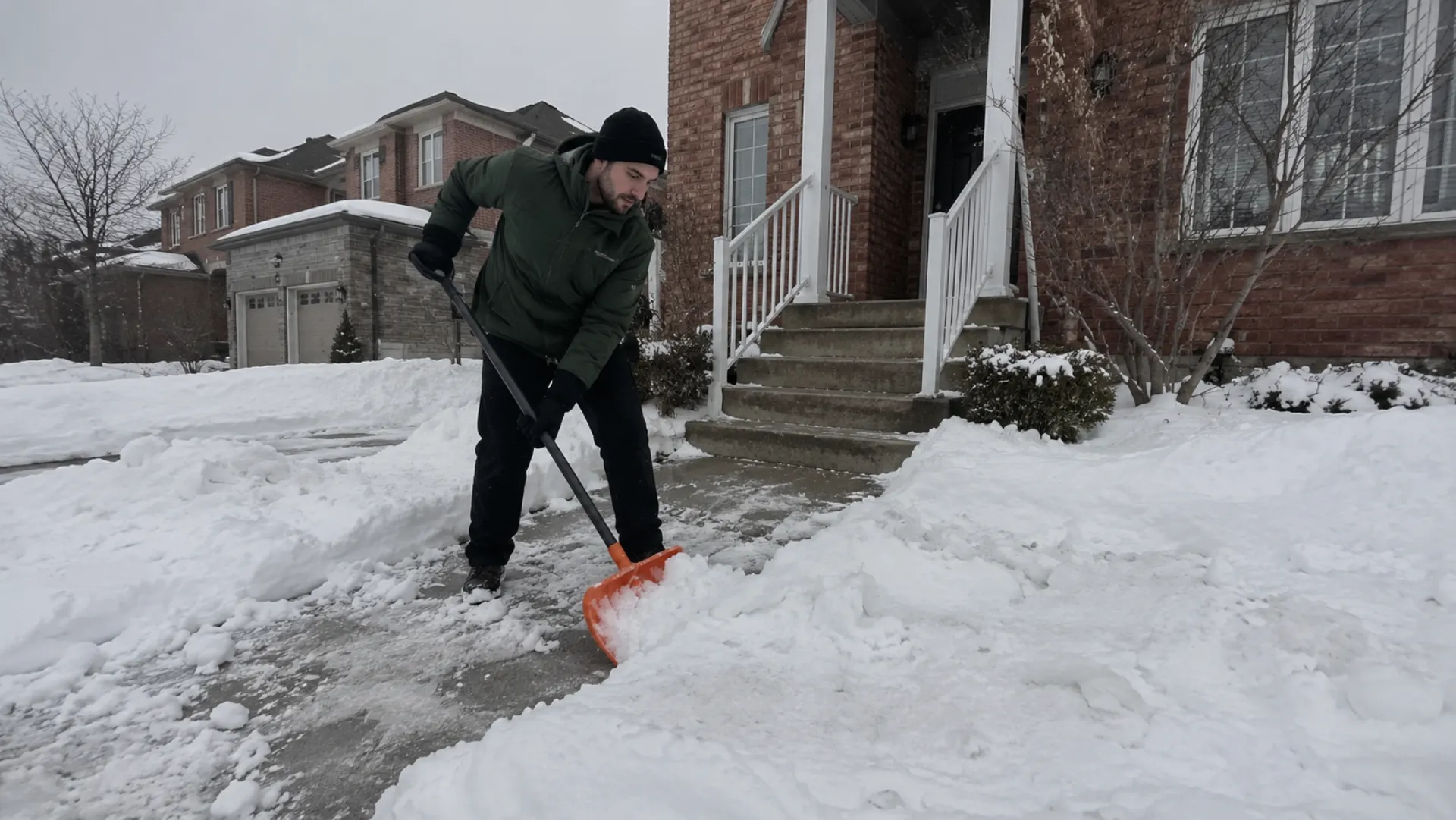 Crew shovelling a snowy front walkway